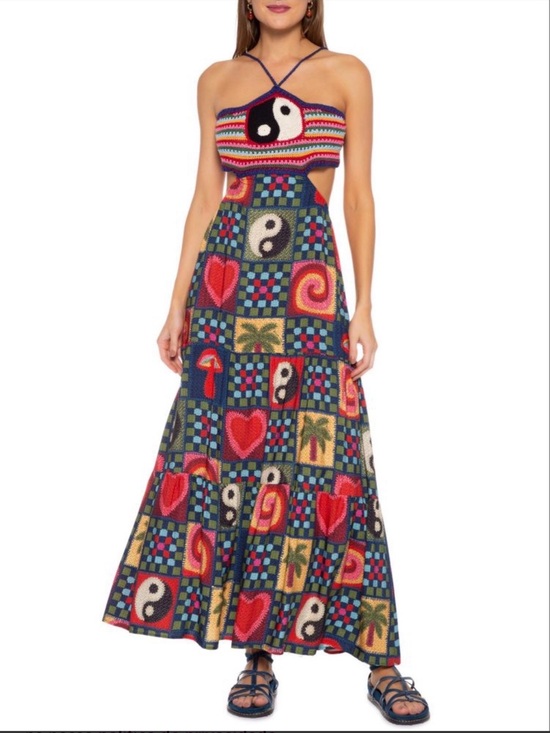 FARM Rio Dresses & Skirts - FARM Rio Patchwork Crochet Cutout Maxi Dress Yin Yang Hearts Palm Medium NWT